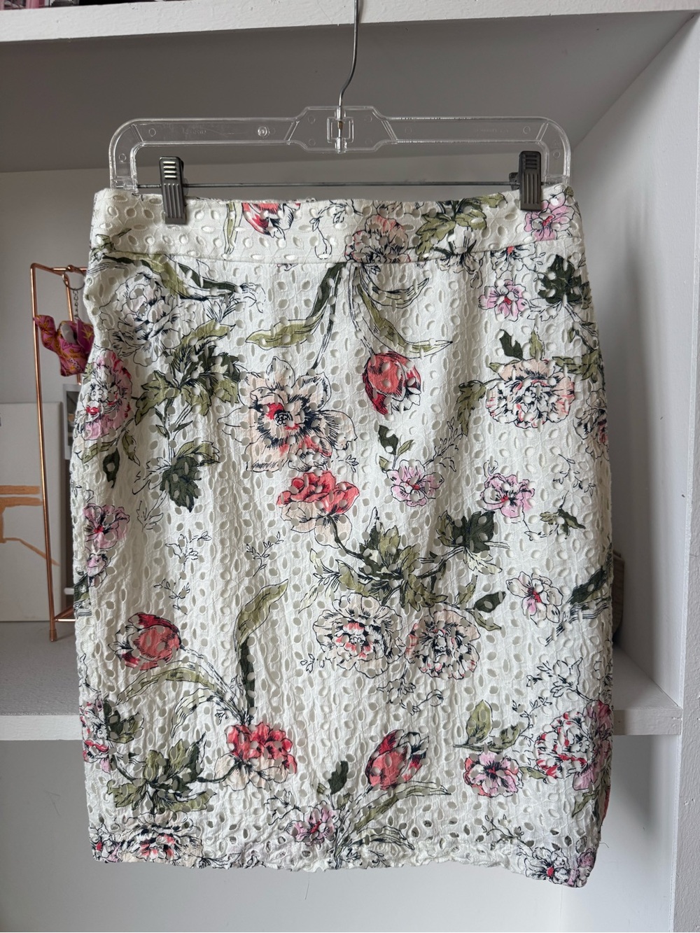 Ann Taylor Cream Eyelet Pencil Skirt with Pink & Green Floral Accents